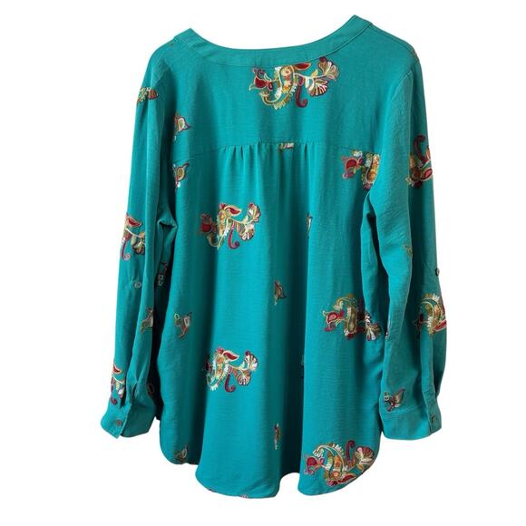 Anthropologie Fig And Flower Top 2X Teal Green Boho Peasant Floral Embroidered - Picture 8 of 9